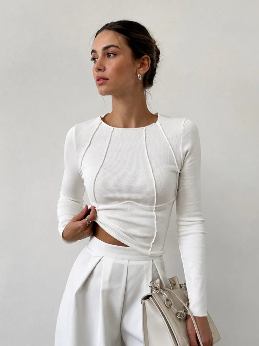 COMMENSE Basic Piping Long Sleeve Top, White, Women's Size Large